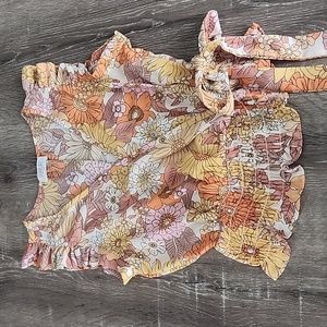 Sienna Sky Flutter Sleeve Floral Print Faux Wrap Cinched Peplum Top